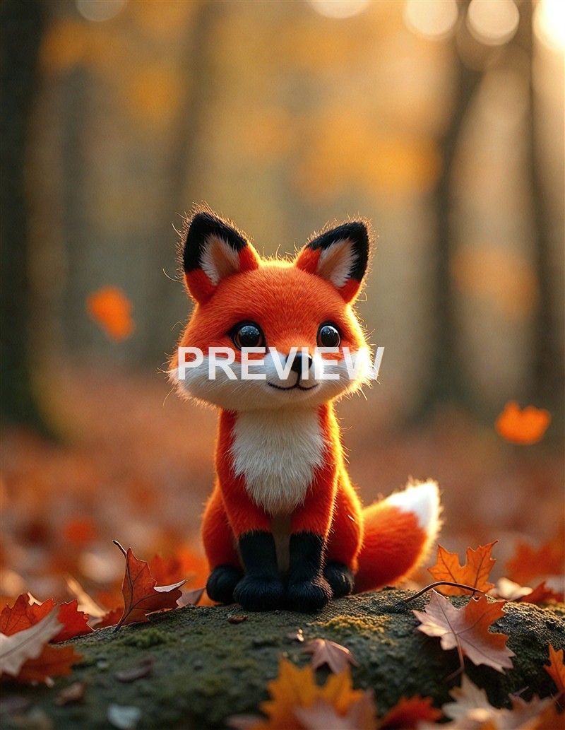 A cute, animated fox plush toy with large eyes, sitting on a mossy log in an autumn forest with fallen leaves and blurred trees in the background.